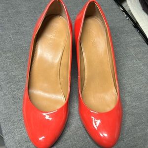 J. Crew size 8. Bright orange patent leather wedge. Lightly used. Fit me sz 7.5